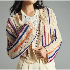 Pilcro by Anthropologie Colored Stripes Knit Cardigan O/S Cropped Boho Sweater